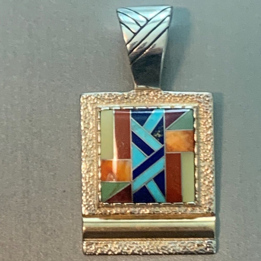 Stone Inlay Sterling Silver and 14K Yellow Gold Accent Pendant/Slide